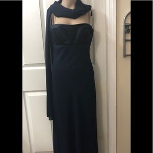 Navy blue floor length dress with shawl